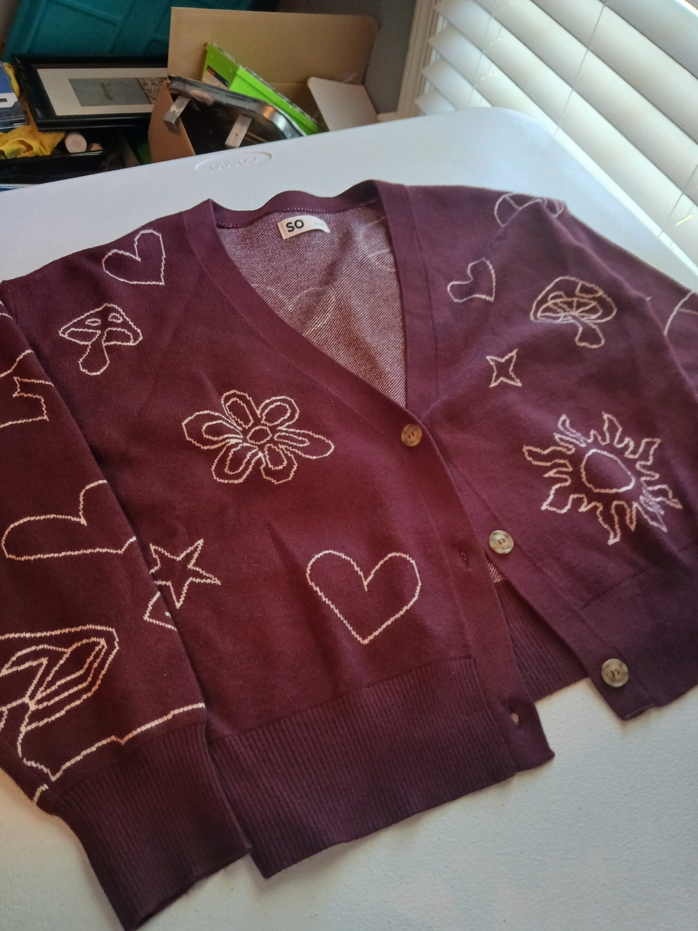 SO Women's Burgundy Embroidered V-Neck Cardigan Size M Super Soft Cute Fun